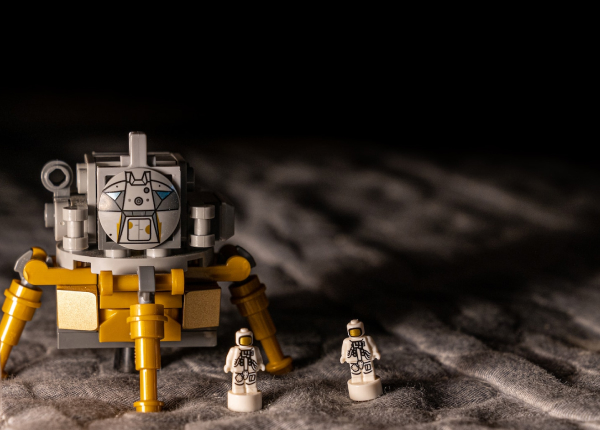 Space lego, a moon capsule and two astronauts